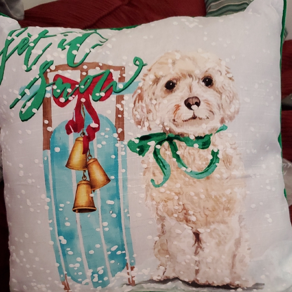 Festive Dog Pillow with Green Accents